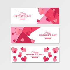 Beautiful Happy Mother's Day concept, horizontal banners. Vector illustration. 3d red and pink paper hearts frame. Cute love sale banner or greeting card