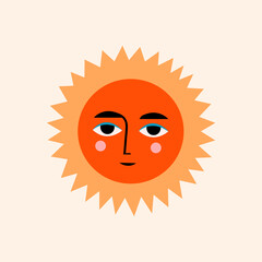 Colorful abstract red Sun with face. Ethnic style. Hand drawn trendy Vector illustration. Isolated icon. Logo, poster, t-shirt print template