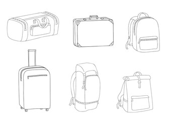 A set of bags and suitcases for travel.Contour isolated doodle objects on a white.