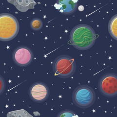 Space pattern with planets and stars. Astronaut