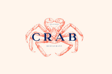 Logo template with an image of a red king crab drawn by graphic lines on a light background. Retro emblem for the menu of fish restaurants, markets and shops. Vector vintage engraving illustration. © KOSIM