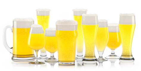 Set of fresh light beer glasses with bubble froth isolated on white background.