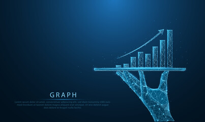 Low poly wireframe of Business holding tablet and showing holographic graphs and stock market statistics gain profits in form of line, dot, and low polygon. Concept of growth planning and strategy. - obrazy, fototapety, plakaty