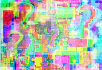 Jigsaw puzzles, interrogations and intricacies in mix glitch, background for hacking, OS, understanding, company style etc