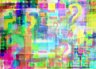 Badges of query, intricacies and jigsaw puzzle in mix glitch, background for journal, web, understanding, company style etc