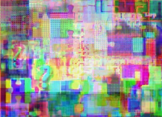 Mark of interrogation, puzzle and intricacies in glitch spots, background for monitor, code, teenage games, basic project etc