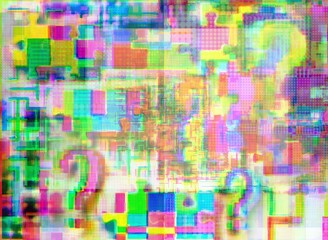 Notes of interrogations, labyrinths and puzzle in glitch art, background for outlook, data, understanding, company style etc