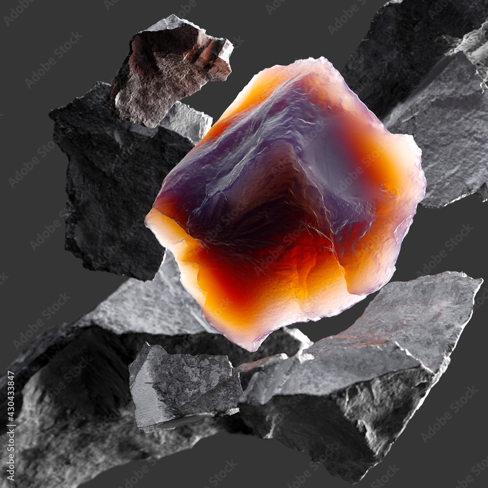 Poster explosion rocks and colorful abstract shape mineral, 3d rendering