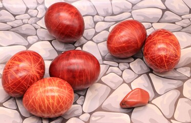 Bright red striped Easter eggs and Jasper on a gray-pink stony background