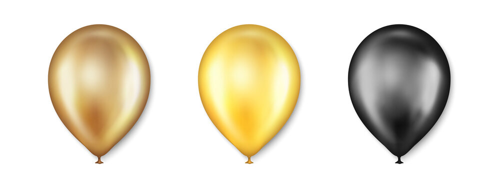 Birthday balloons vector set. Golden and black balloon for wedding celebration. Celebrate Anniversary, Helium gold balloon. Festival romantic decorations. Realistic birthday party elements. Vector