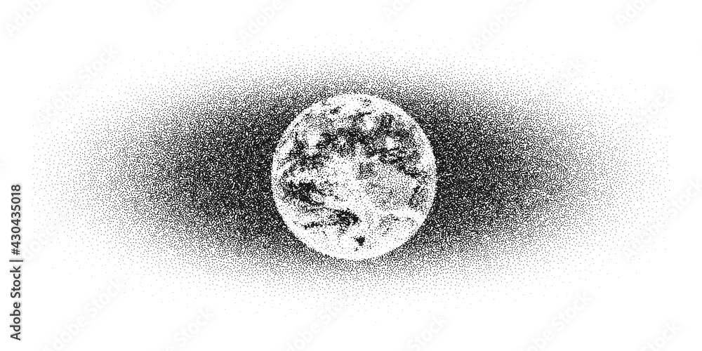 Poster dotwork earth day pattern vector background. sand grain effect. black noise stipple dots planet. abs
