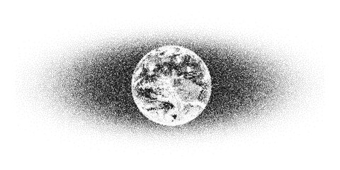 Dotwork Earth day pattern vector background. Sand grain effect. Black noise stipple dots planet. Abstract noise dotwork pattern. Black dots Earth day banner. Stipple circles. Dotted vector background.