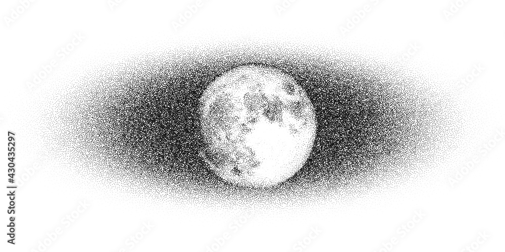 Poster dotwork moon night pattern vector background. sand grain effect. black noise stipple dots satellite.