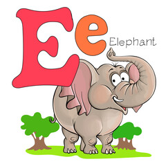 Vector illustration. Alphabet with animals. Large capital letter E with a picture of a bright, cute elephant.