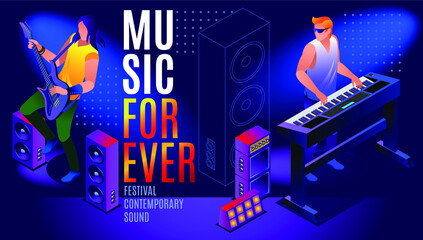 Music Forever Concept Poster of Festival Contemporary Sound and Banner, Template with musicians isometric icons on isolated multicolored background