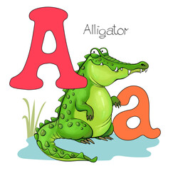 Vector illustration. Alphabet with animals. Large capital letter A with a picture of a bright cute alligator