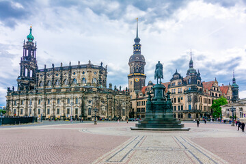 Fototapeta premium Dresden Cathedral, Dresden Castle and King Johann Statue on Theaterplatz square, Germany