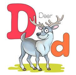 Vector illustration. Alphabet with animals. Large capital letter D with a picture of a bright cute deer.