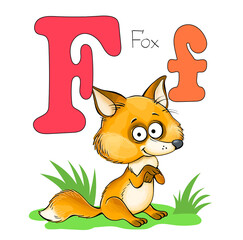 Vector illustration. Alphabet with animals. Large capital letter F with a picture of a bright cute fox.