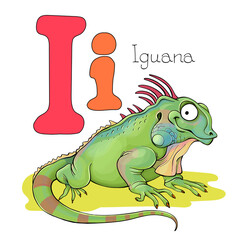 Vector illustration. Alphabet with animals. Large capital letter I with a picture of a bright cute iguana.