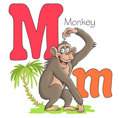 Vector illustration. Alphabet with animals. Large capital letter M with a picture of a bright, cute monkey.