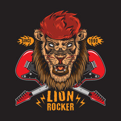 Retro Vintage Lion Rock n Roll with Crossed Guitar Illustration suitable for poster, flyer, greeting cards, sticker, social media and tshirt design