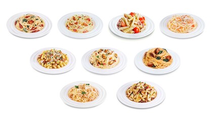 Fototapeta na wymiar Set of pasta with meat, chicken, bacon; shrimp, tuna, mussels, tomatoes in a plate on a white isolated background