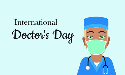 International Doctor's Day. Day of the medical worker. Festive postcard with a cute doctor. Blue background and uniform. Vector graphics.