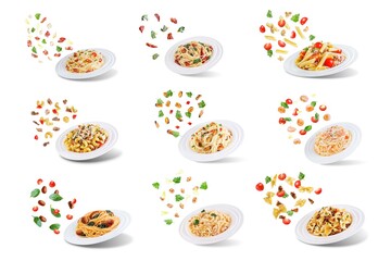 Set of pasta with meat, chicken, bacon; shrimp, tuna, mussels, tomatoes in a plate on a white isolated background