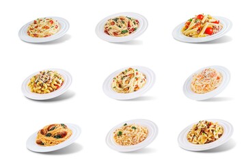 Set of pasta with meat, chicken, bacon; shrimp, tuna, mussels, tomatoes in a plate on a white isolated background