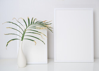 Two mock up white wooden poster frame decor with dried palm leaves  in modern white vase on white table and wall background