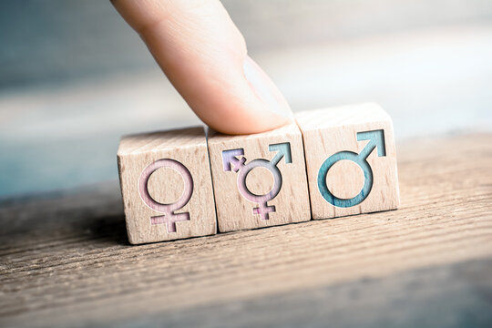 Female, Transgender And Male Icons On 3 Wodden Blocks With A Finger On The LGBT Sign