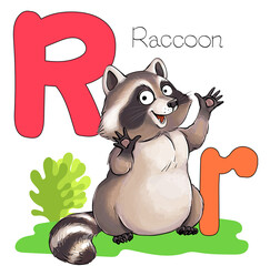 Vector illustration. Alphabet with animals. Large capital letter R with a picture of a bright cute raccoon.