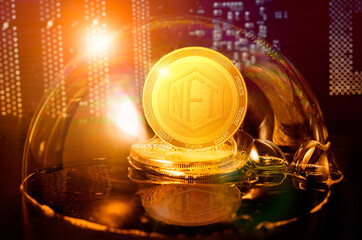 NFT bubble. NFT Non-fungible token in a soap bubble. Dangers and risks of investing to NFT cryptocurrency. Speculation, drop, down