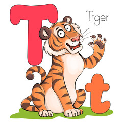 Vector illustration. Alphabet with animals. Large capital T with a picture of a bright, cute tiger.
