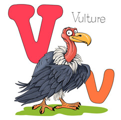 Vector illustration. Alphabet with animals. Large capital letter V with a picture of a bright cute vulture.