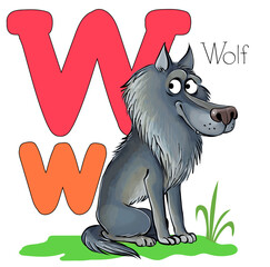 Vector illustration. Alphabet with animals. Large capital letter W with a picture of a bright, cute wolf.