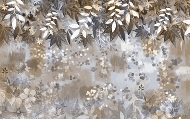 Fototapety  3d classic floral mural wallpaper . leafs branches and flowers in background for wall decorative . 