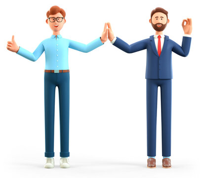 3D illustration of businessmen informal greeting. Happy office people giving high five and gesturing ok sign. Cartoon male characters. Successful partnership, friendship and cooperation.