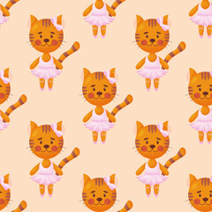 Vector seamless pattern in child style with a cat ballerina.