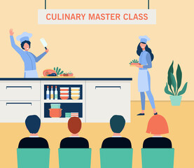 Happy cooks preparing food on culinary master class. Vegetable, chef, kitchen flat vector illustration. Healthy meal and nutrition concept for banner, website design or landing web page