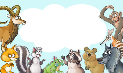 Vector illustration of funny cartoon isolated animals with speech bubble on blue background. Colorful goat, fox, skunk, iguana, raccoon, quokka, wolf, numbat, monkey
