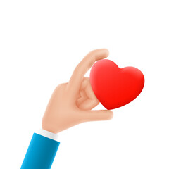 Obraz premium Cartoon hand holds red heart. Gesture of cartoon hand with red heart. Vector 3d illustration. Sign of love.
