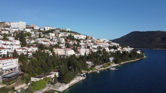 Aerial drone view of city of Neum in Bosnia and Herzegovina. Adriatic sea and coast. 