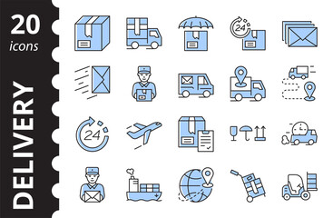 Set of shipping and delivery icons. Simple vector linear symbols collection in color.