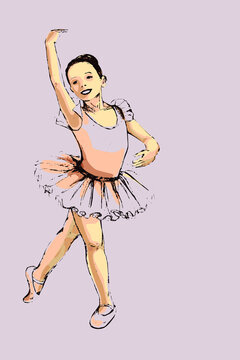 Hand Drawing Of A Little Ballerina In Ballet Tutu . EPS 10 