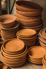 Mexican pottery handicrafts in clay, sculptures, vessels, jugs, vases etc, using traditional methods.