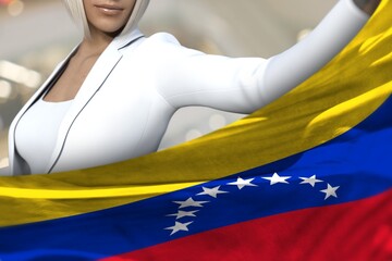 Fototapeta na wymiar pretty business lady holds Venezuela flag in front on the mall background - flag concept 3d illustration