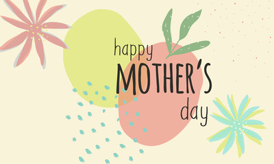 Mother's day abstract background with pink and green circles, blue confetti, flowers and leaf. Horizontal template suitable for banners, ads, wallpapers, social media, posters and more. Vectored. 