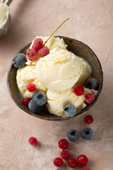 Ice cream with berries in bowl, summer cold food